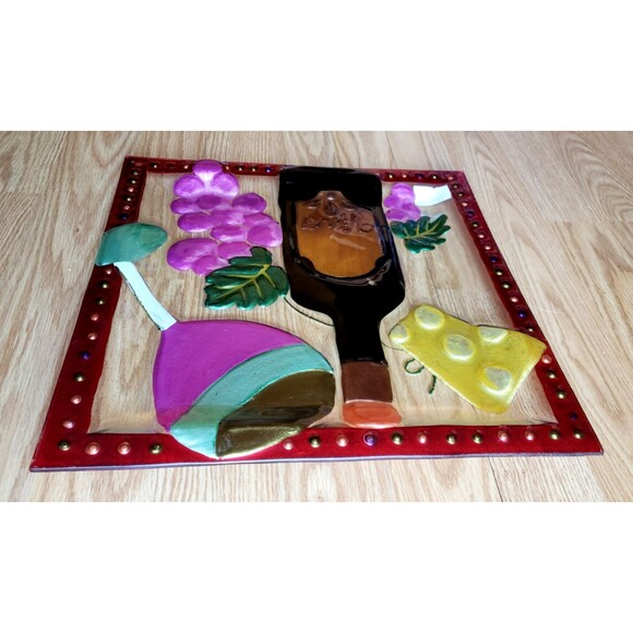 LSARTS Glass Wine And Cheese PLATTER 11.5 Square Vino Bottle Wine Glass Grapes - Picture 9 of 10